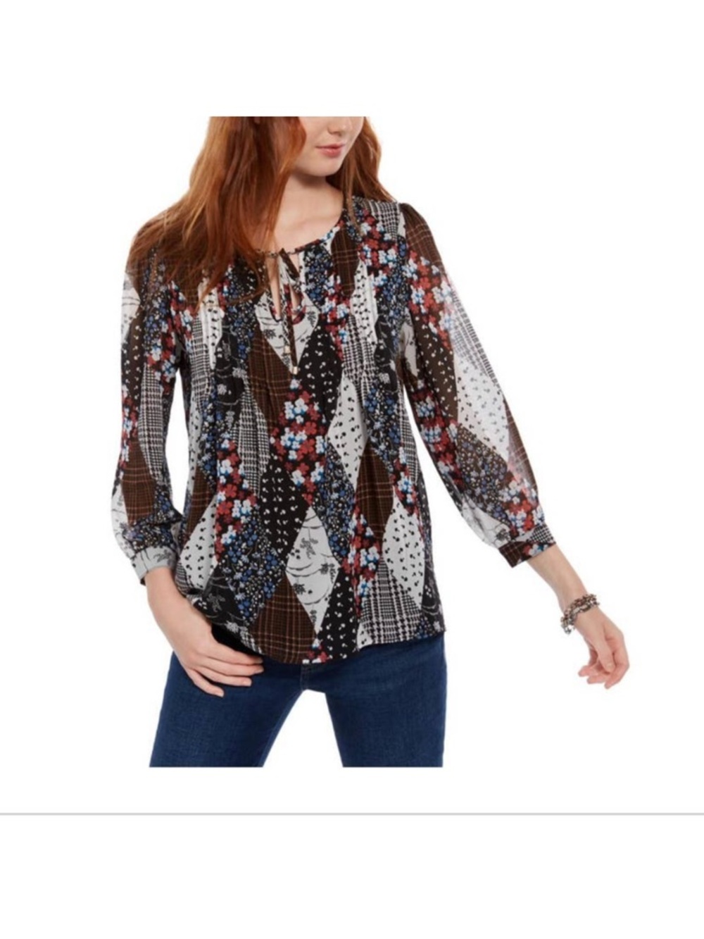 Tommy Hilfiger Pintuck Floral Black Patch Multi color Blouse Top Large NWT